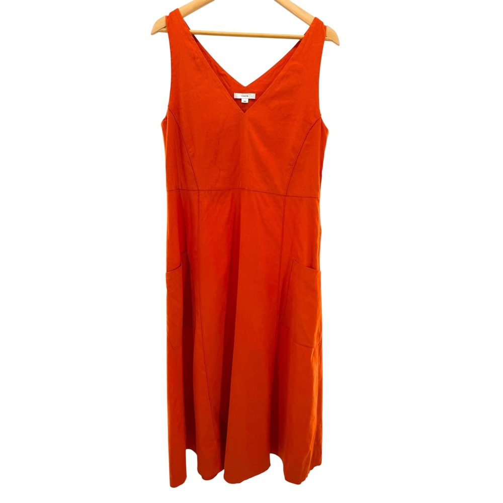 Vince Relaxed V-Neck Dress M Medium Ruby Dusk Orange Linen Blend Midi Pockets
